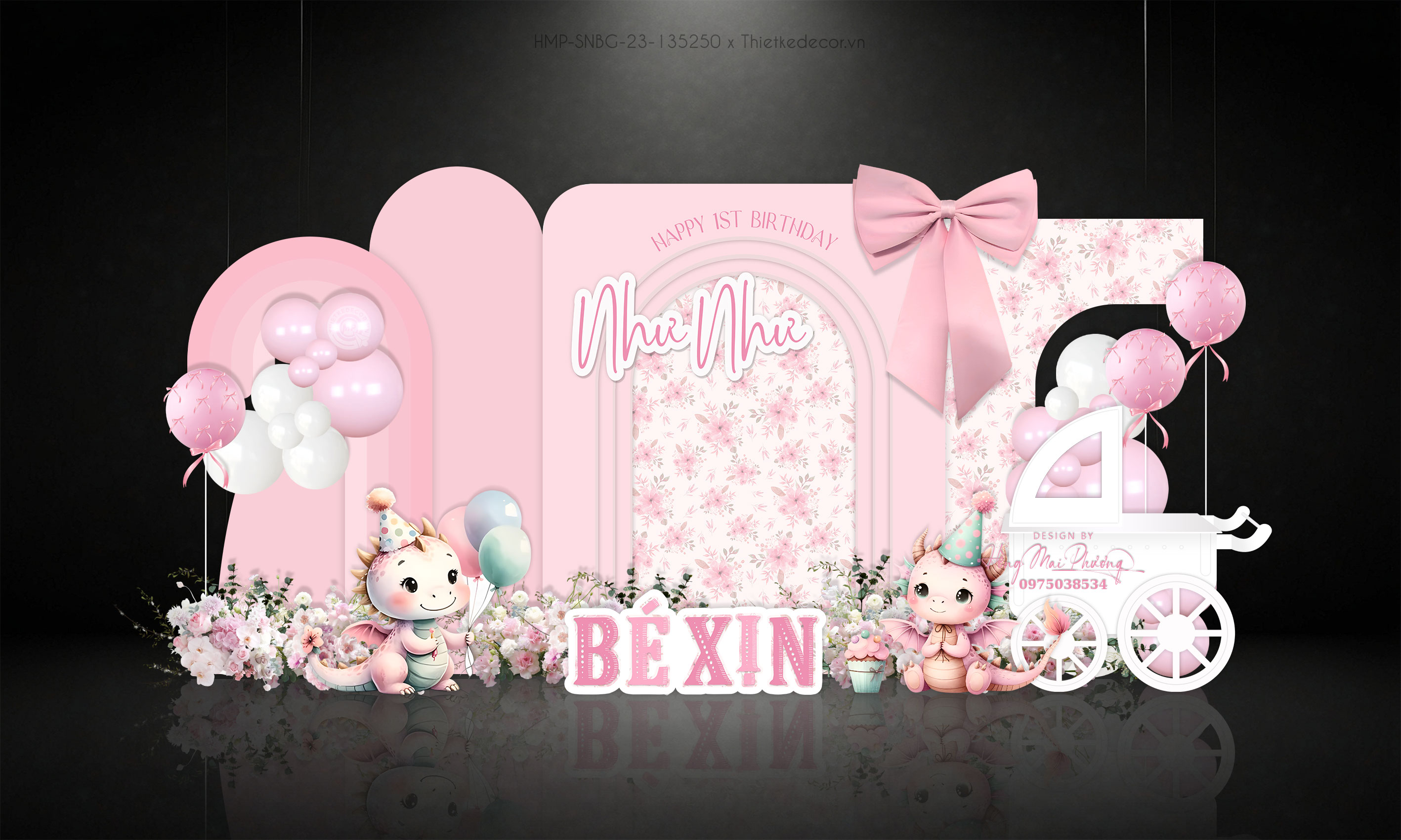 Backdrop sinh nhật bé gái tone hồng gắn nơ xinh